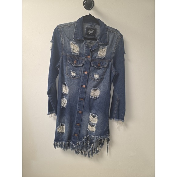 American Bazi Jackets & Blazers - American Bazi Denim Blue Jean Jacket Distressed Long Length With Pockets Size‎ M